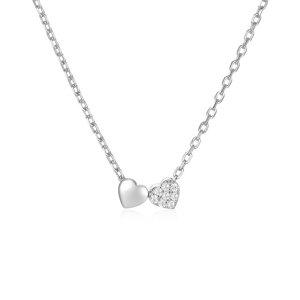 S925 Sterling Silver Fashion Double Heart Necklace With Diamond Heart Reem Style