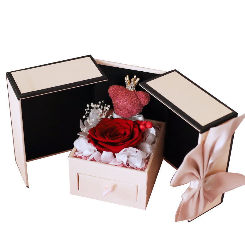 Mother's Day Gift Double Door Bear Rose Preserved Fresh Flower Jewelry Box Reem Style