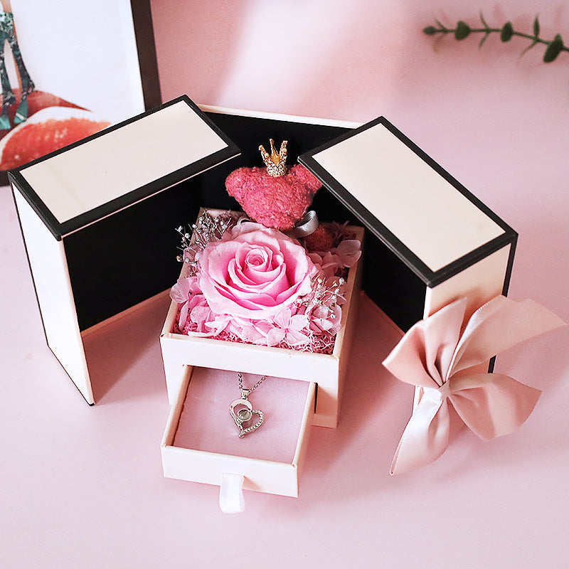 Mother's Day Gift Double Door Bear Rose Preserved Fresh Flower Jewelry Box Reem Style