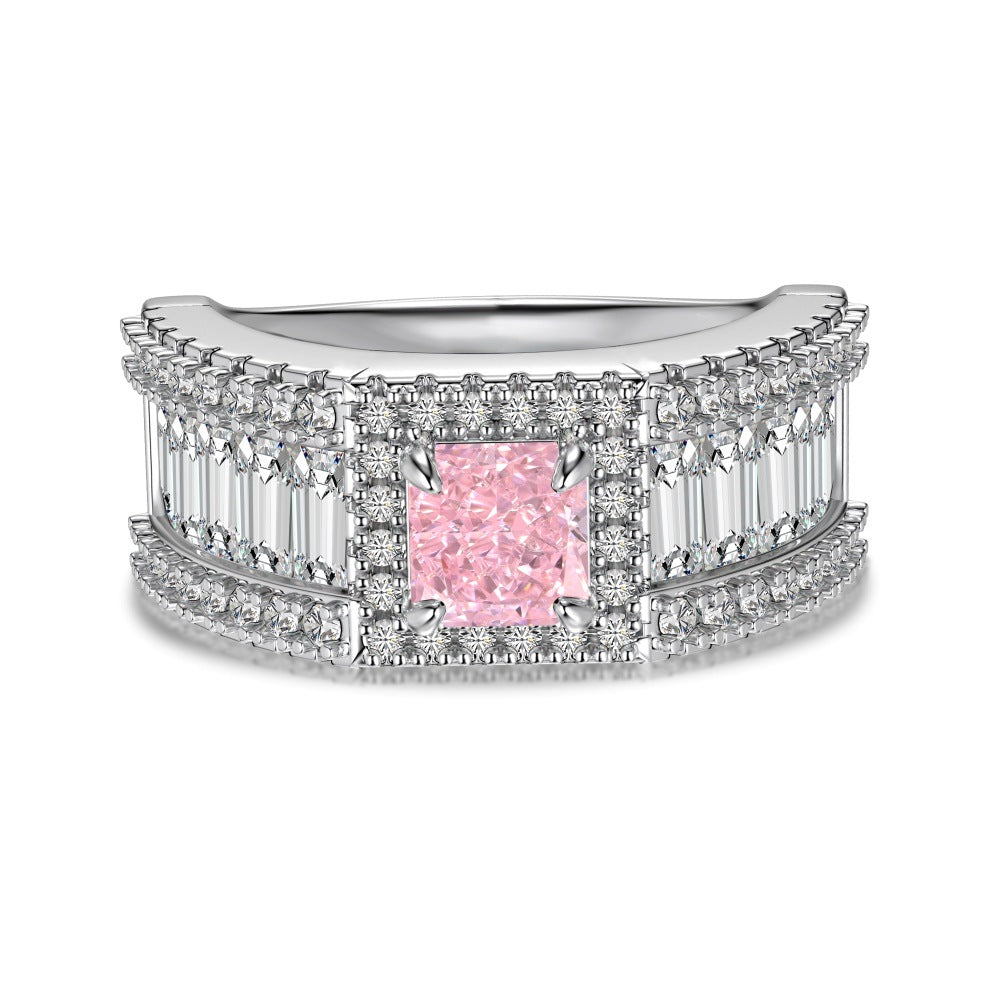 Silver S925 wide ring with pink square zirconium centerpiece