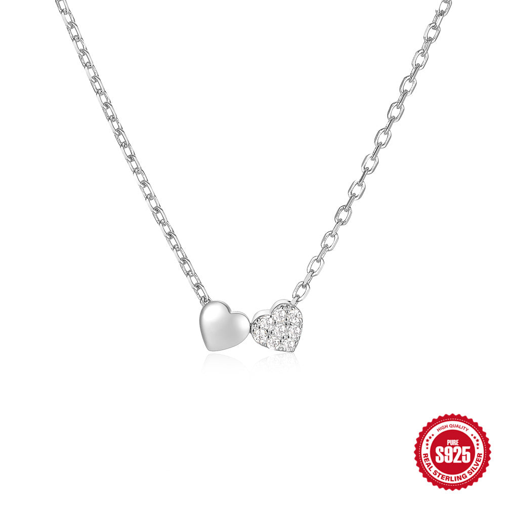 S925 Sterling Silver Fashion Double Heart Necklace With Diamond Heart Reem Style