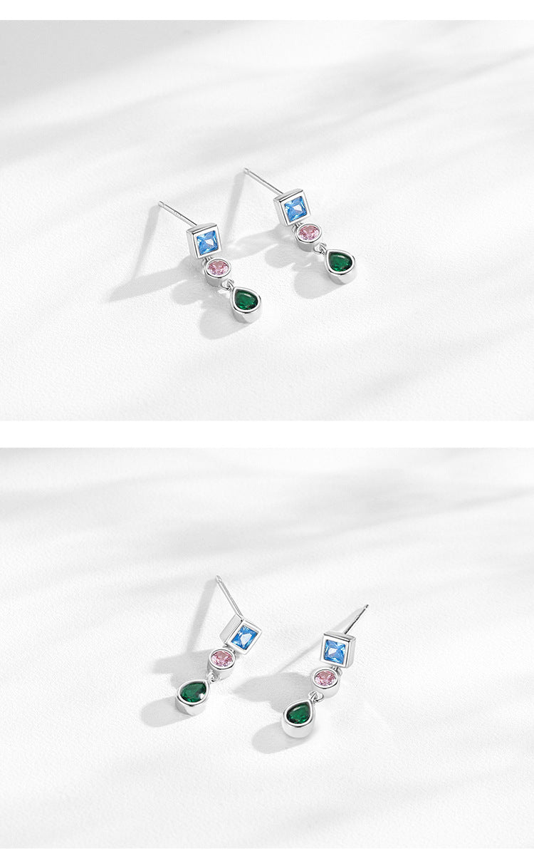 S925 Silver Rainbow Zircon Geometric Design Square Necklace Earrings Reem Style