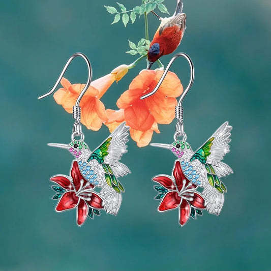 Colorful Hummingbird Full Diamond Pendant Earrings - Reem Style